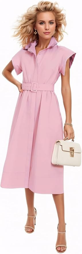 Womens 2025 Summer Short Sleeves Midi Dress Casual Button Down Long Dress with Belt | Amazon (US)