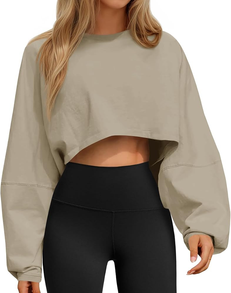 Tankaneo Womens Long Ballon Sleeve Sweatshirts Tops Cropped Crew Neck Loose Fit Casual Workout Sh... | Amazon (US)