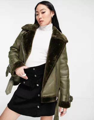 Topshop faux shearling aviator jacket with faux fur lining in khaki | ASOS (Global)