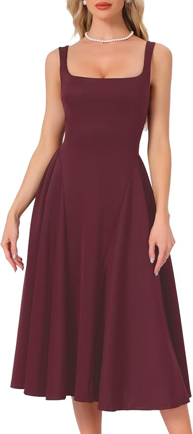 Allegra K Women's Sleeveless Square Neck Midi Dress Swing A Line Party Wedding Guest Dresses Eleg... | Amazon (US)