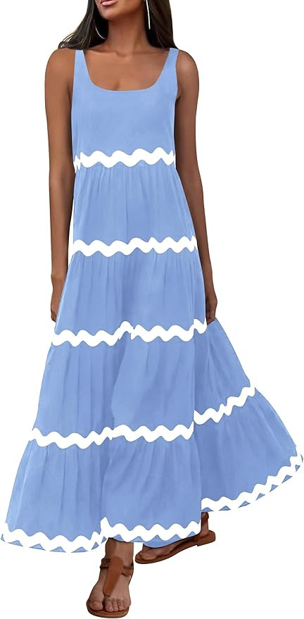 PRETTYGARDEN Women's 2024 Summer Sundresses Sleeveless Scoop Neck Tiered Flowy Beach Vacation Par... | Amazon (US)