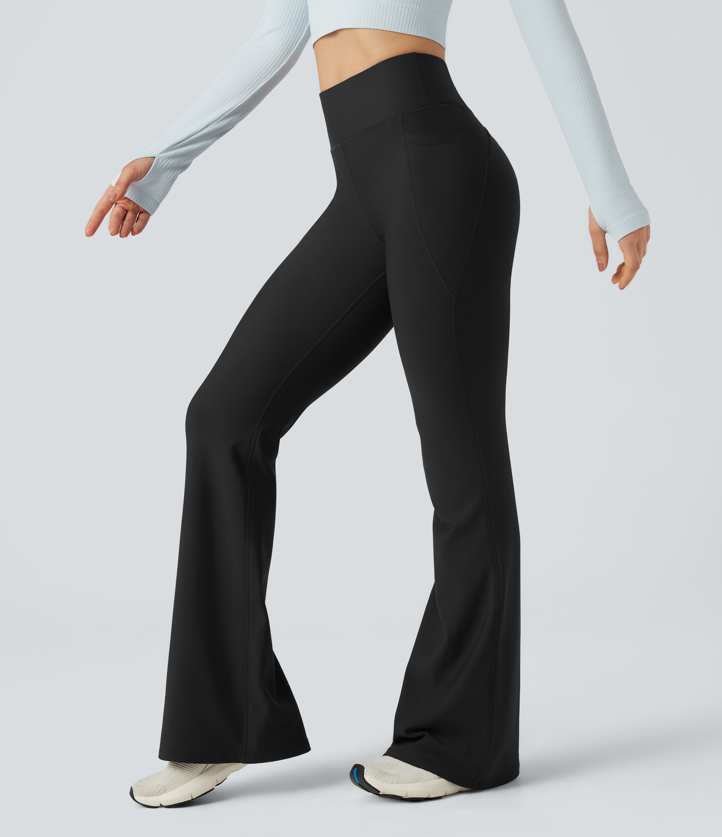 Halara High Waisted Scrunch Fleece Yoga Flare Pants with Pockets - Black - XS(regular) | HALARA