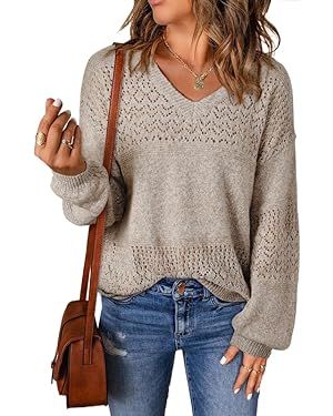 SHEWIN Womens Sweaters Casual Long Sleeve V Neck Lightweight Crochet Pullover Sweater Tops | Amazon (US)