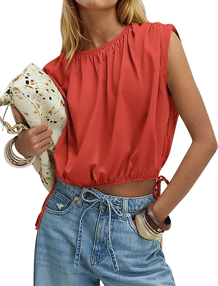 Women Side Tie Bubble Top Ruched Babydoll Tank Tops Sleeveless Crewneck T Shirts Cute Cropped Tee... | Amazon (US)