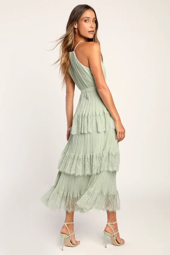 Came For Cocktails Sage Green Pleated Tiered Lace Maxi Dress | Lulus (US)