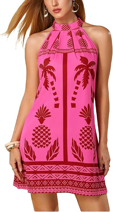 Floerns Women's Sleeveless Floral Print Sundress Halter Neck A Line Short Dress | Amazon (US)