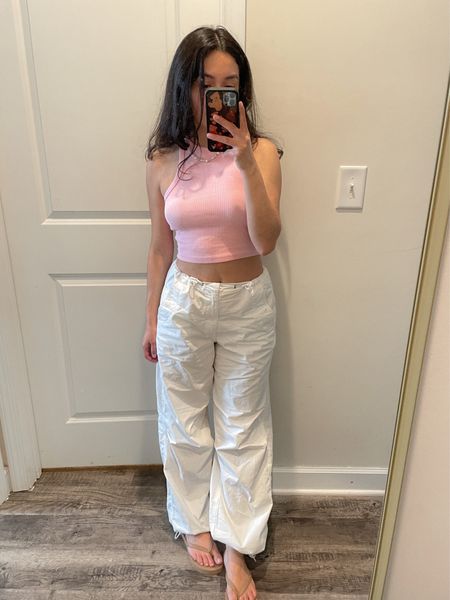 White parachute pants (s) with plafrom flip flops (comes in so many colors!)