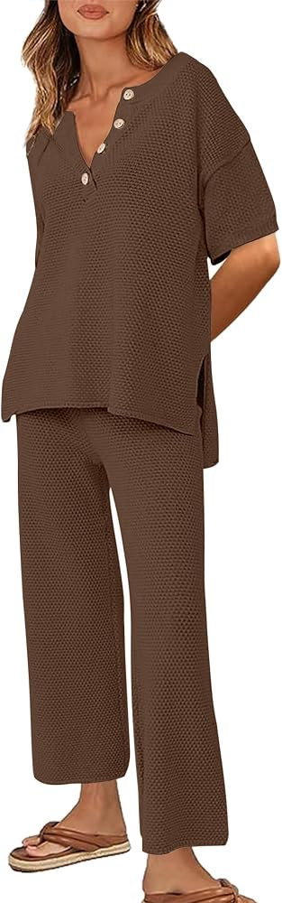 Ekouaer Conjuntos de descanso para mujer, 2 piezas, suéter de punto, pantalones de pierna ancha,... | Amazon (US)