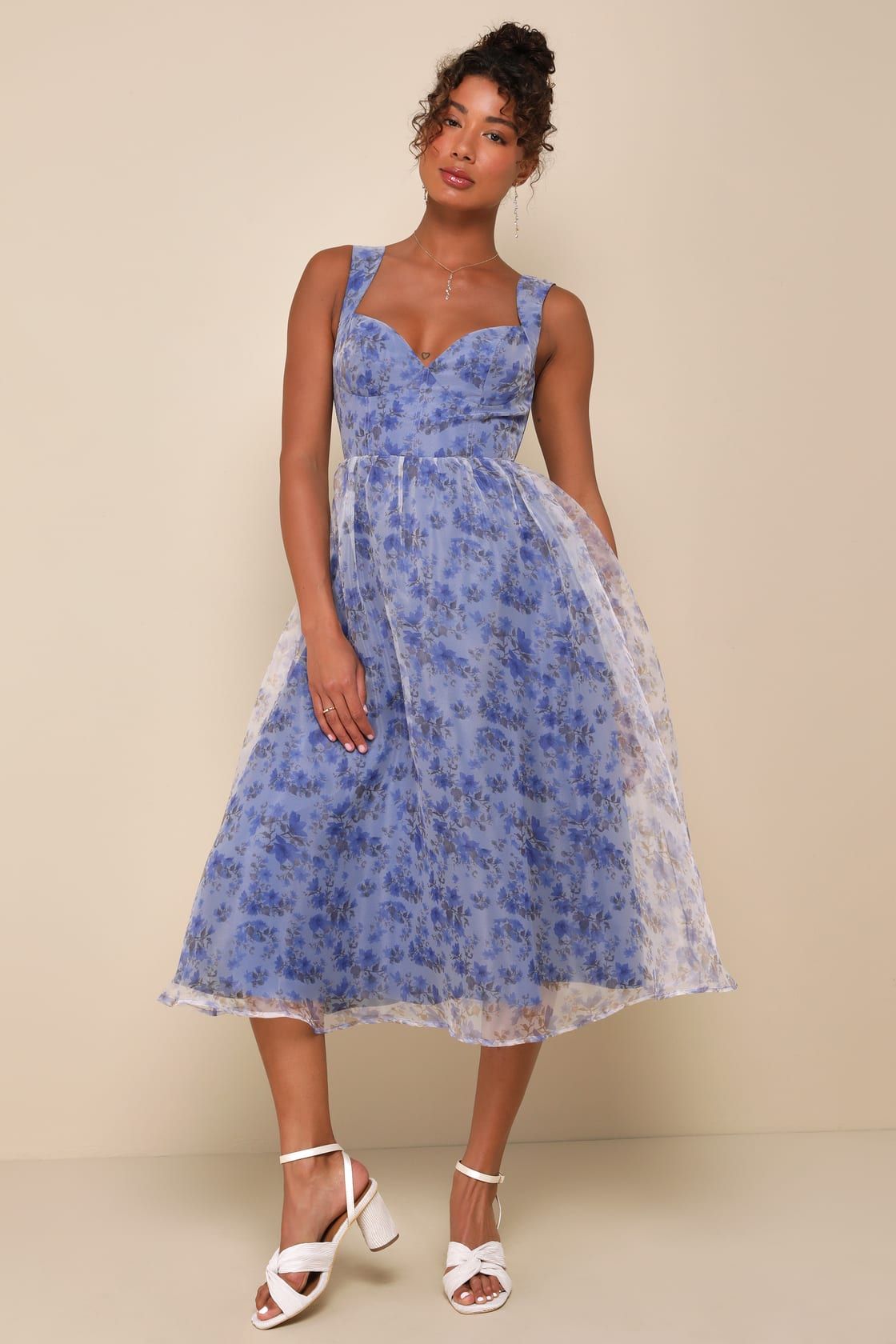 Delightful Impulse Blue Floral Organza Bustier Midi Dress | Lulus