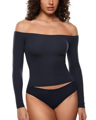 INLYRIC Women's Inbarely Soft Off The Shoulder Double Lined Long Sleeve Tops Going Out Slim Fitted Sexy Trendy T-Shirts True Navy Small | Amazon (US)