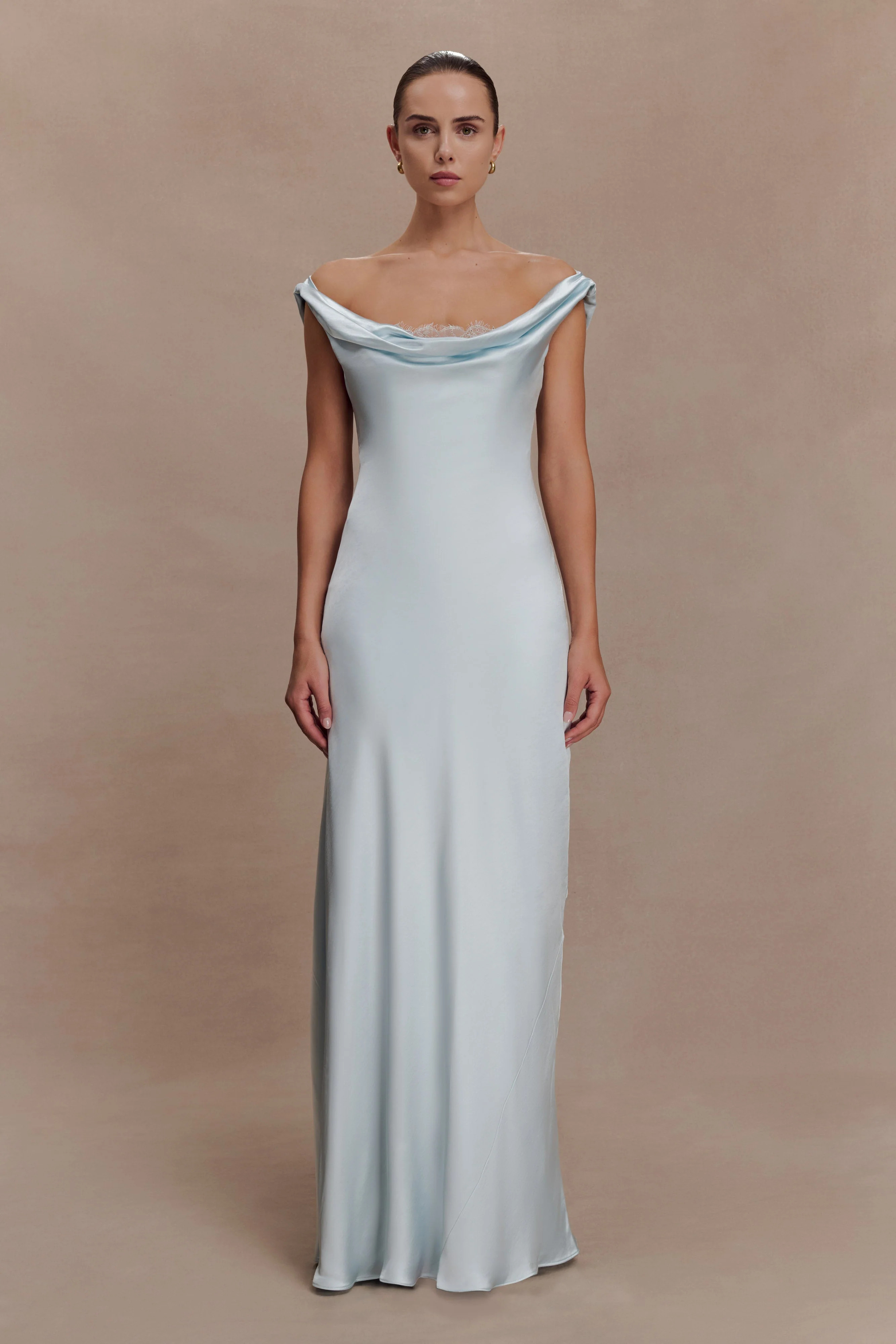 Ashley Cowl Neck Lace And Satin Maxi Dress - Ice Blue | MESHKI US