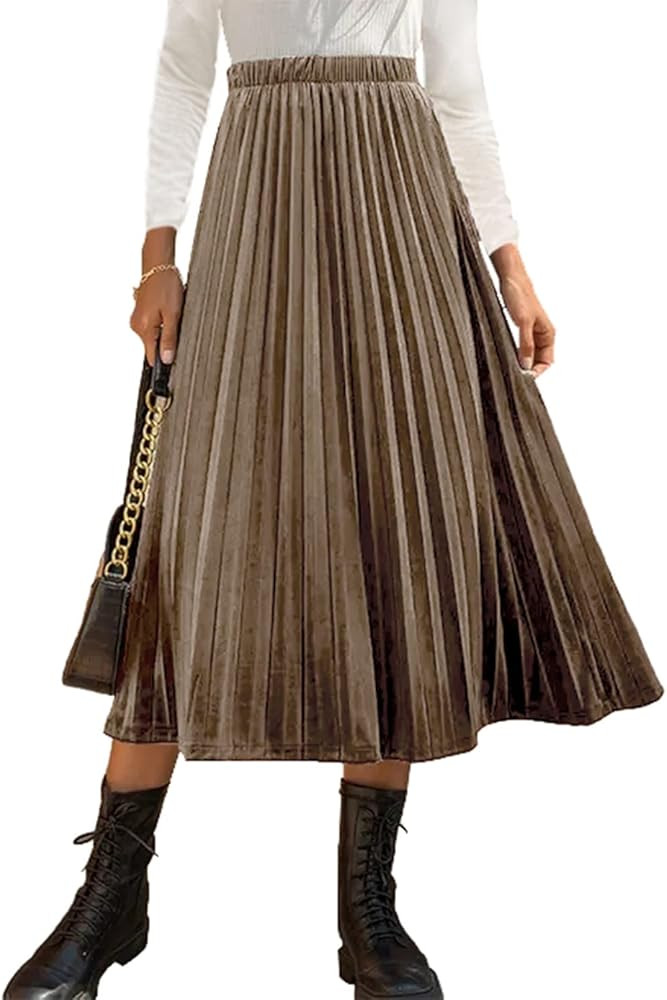 Women’s High Elastic Waist Skirt Pleated A Line Swings Midi Velvet Skirts for Women | Amazon (US)