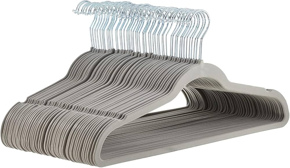Amazon Basics Slim, Velvet, Non-Slip Suit Clothes Hangers, Gray/Silver - Pack of 50 | Amazon (US)
