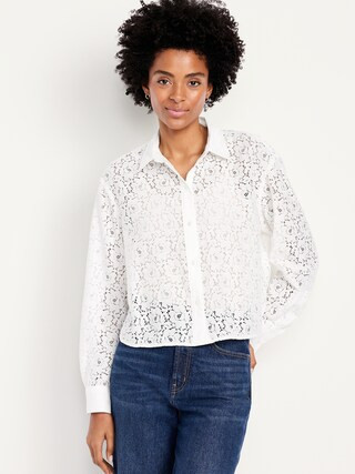 Cropped Lace Button-Down Shirt | Old Navy (US)
