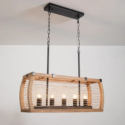 Rustic 5-Light Kitchen Island Linear Rectangle Pendant Light Wood Washed & Jute Rope-Homary | Homary
