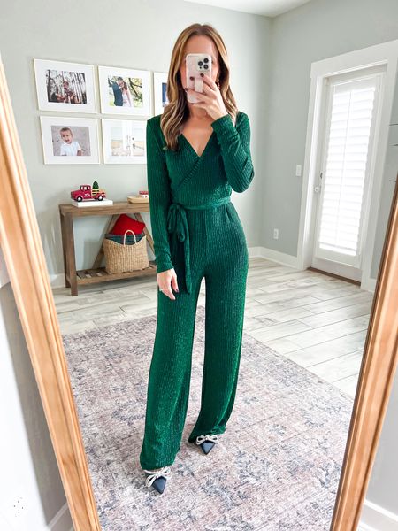 Holiday outfit. Holiday jumpsuit. Green jumpsuit. Christmas Party outfit. Amazon jumpsuit (small). Bow heels (TTS). Vegas outfit. NYE outfit. 

*Jumpsuit is a little big/long on me. I think this would be gorgeous on a taller frame! You could also have the bottom hemmed and add double sided tape to the bust area if you are petite and want to make it work.

#LTKHoliday #LTKunder50 #LTKwedding