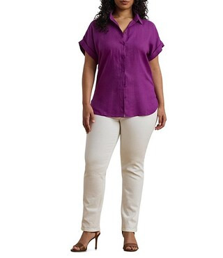Lauren Ralph Lauren Plus Size Relaxed Fit Point Collar Short Sleeve Linen Shirt | Dillard's | Dillard's