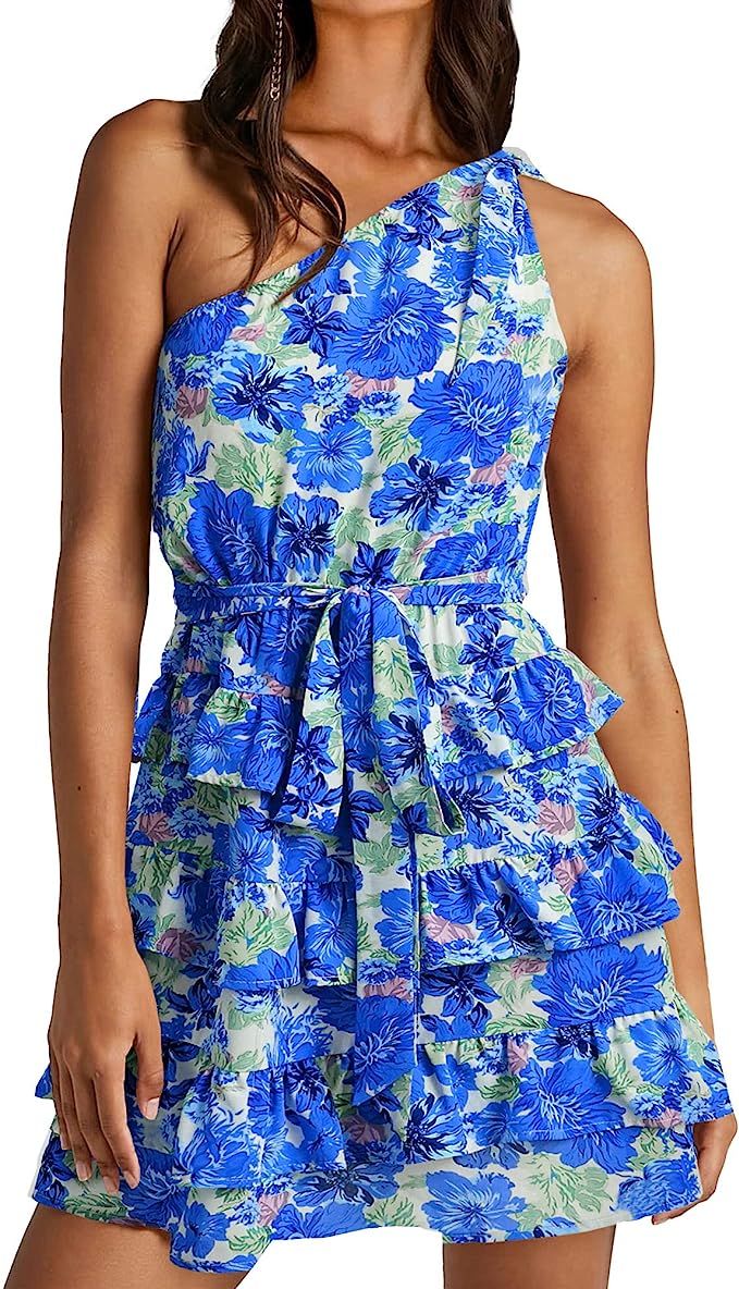BTFBM 2023 Women One Shoulder Casual Summer Dresses Floral Boho High Waist Beach Ruffle Tiered A ... | Amazon (US)