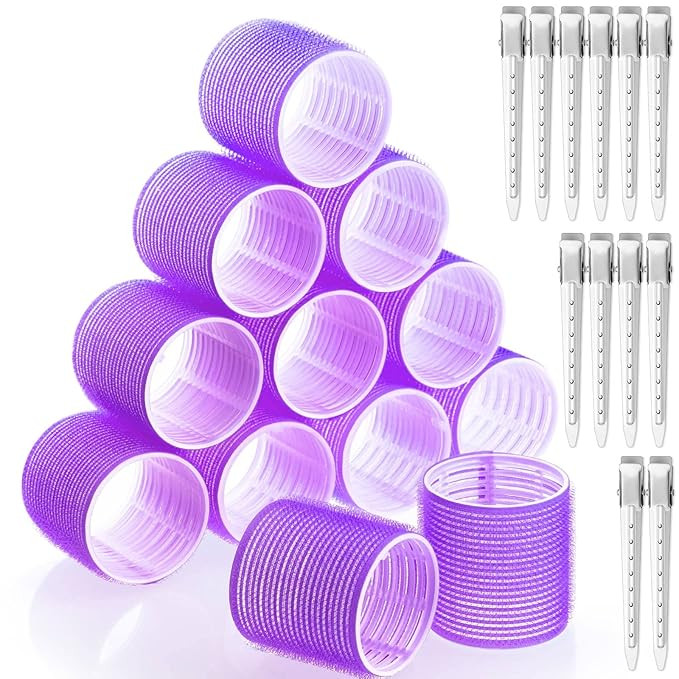 Jumbo Hair Curlers Rollers, 12Pcs Hair Roller Curlers Self Grip Holding Rollers with12 Stainless ... | Amazon (US)