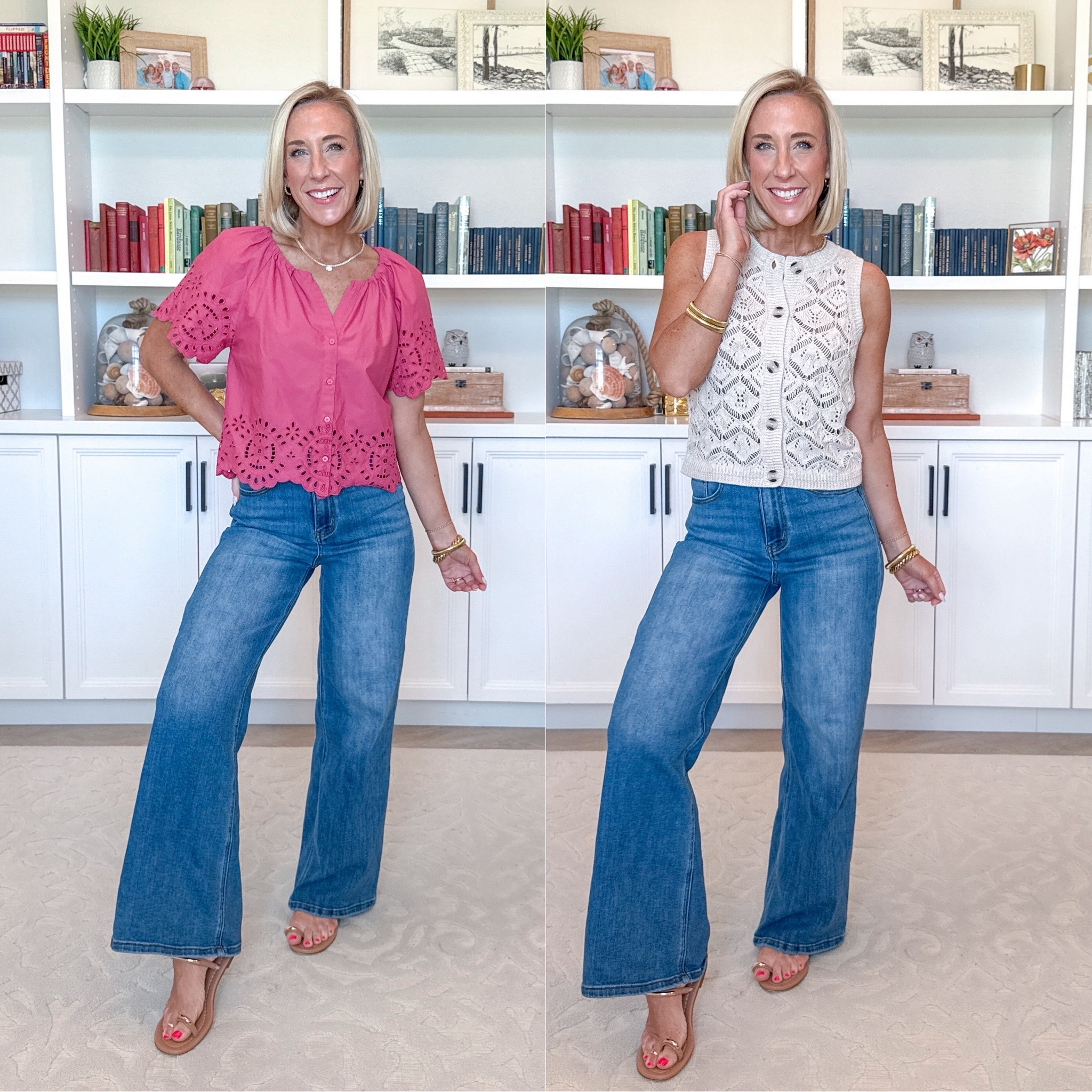 Target - unboxing & style * Wide Leg Jeans - size 25.  Pink Short Sleeve V-Neck Button-Front Eyelet Blouse - size XS. $35. 3 colors. Openwork Sweater Vest - size XS. $28. 2 colors. 

 

#LTKSeasonal #LTKOver40