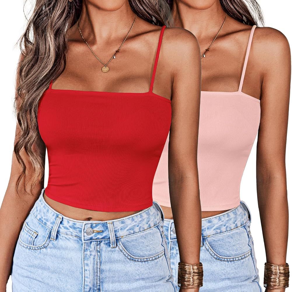 Ekouaer Women's 2pcs Crop Camisole Top Spaghetti Strap Tank Top Sleeveless Basic Cami Shirts Tube... | Amazon (US)