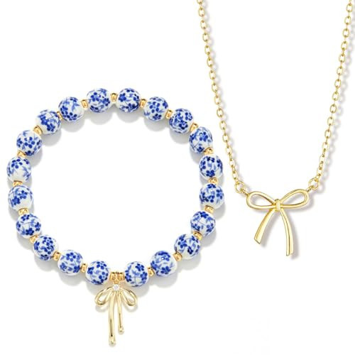 Qiuseadu Bow Bracelet Necklace Set 14K Gold Beaded Bracelet Dainty Bow Pendant Choker Jewelry Gift Set (Blue) | Amazon (US)