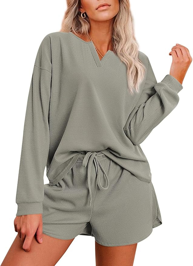 Ekouaer Pajama Set for Women Waffle Knit Lounge Sets Long Sleeve Top and Shorts Matching Loungewe... | Amazon (US)