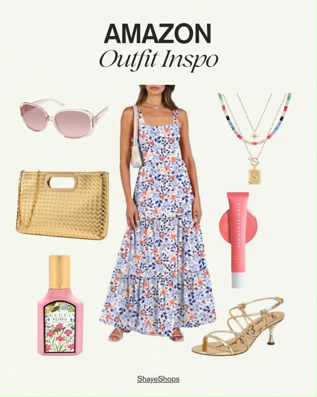 spring dress, spring outfit, spring outfit 2026, women's fashion, amazon fashion, gucci, gold sandals, lip gloss, accessories, flora, sunglasses, layered necklace 

 #LTKdayinmylife #LTKgrwm #LTKootd