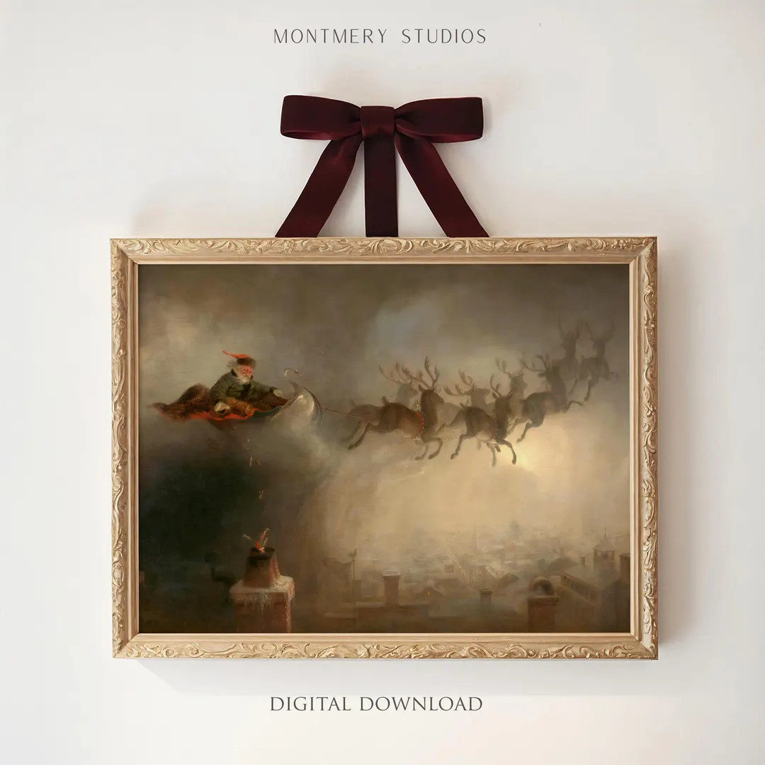 Santa Sleigh Flying Print, Vintage Christmas Print, Santa and Reindeer Print, Moody Christmas Dig... | Etsy (US)