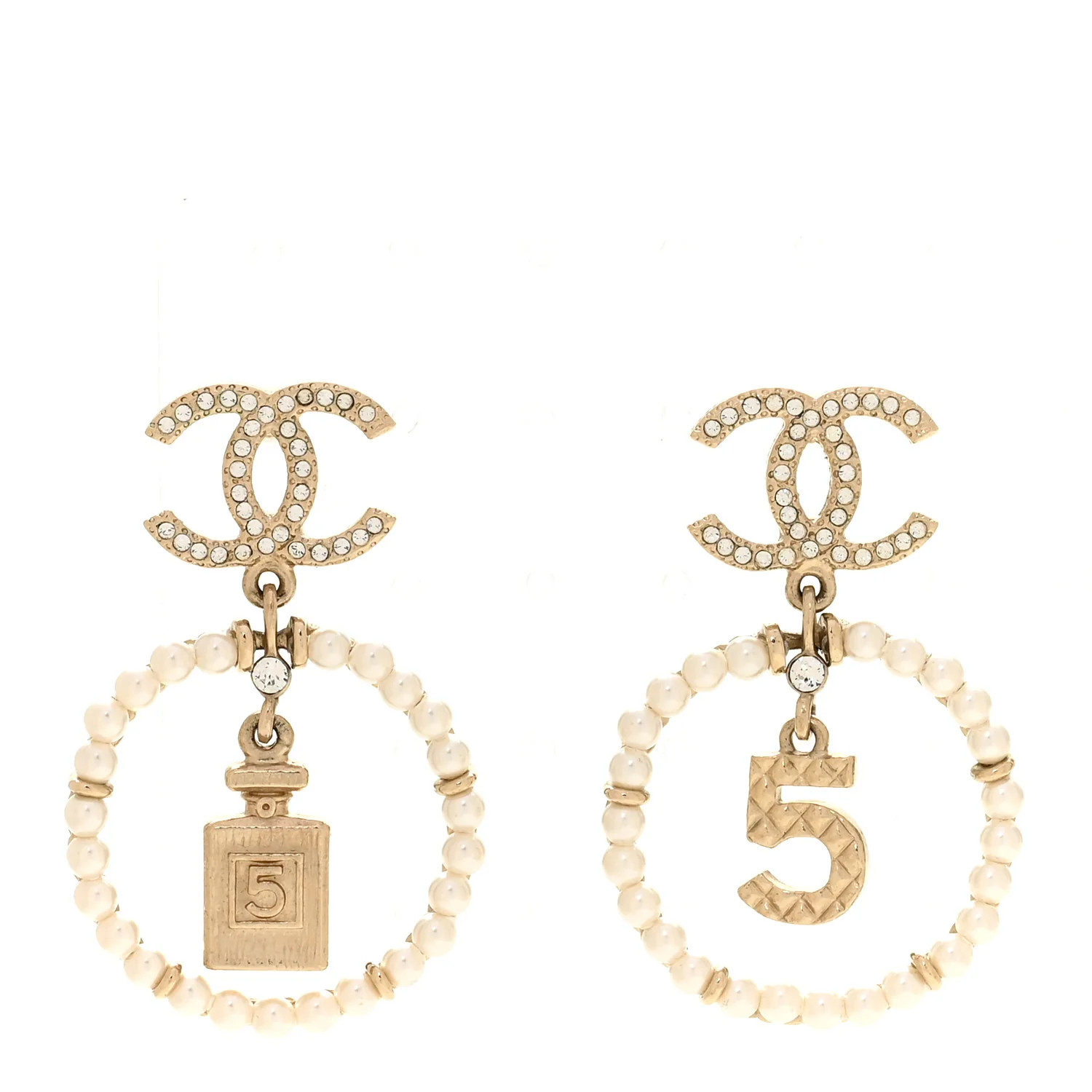 Chanel Crystal Pearl Chanel Charms CC Drop Earrings Gold 1882792 | FASHIONPHILE (US)