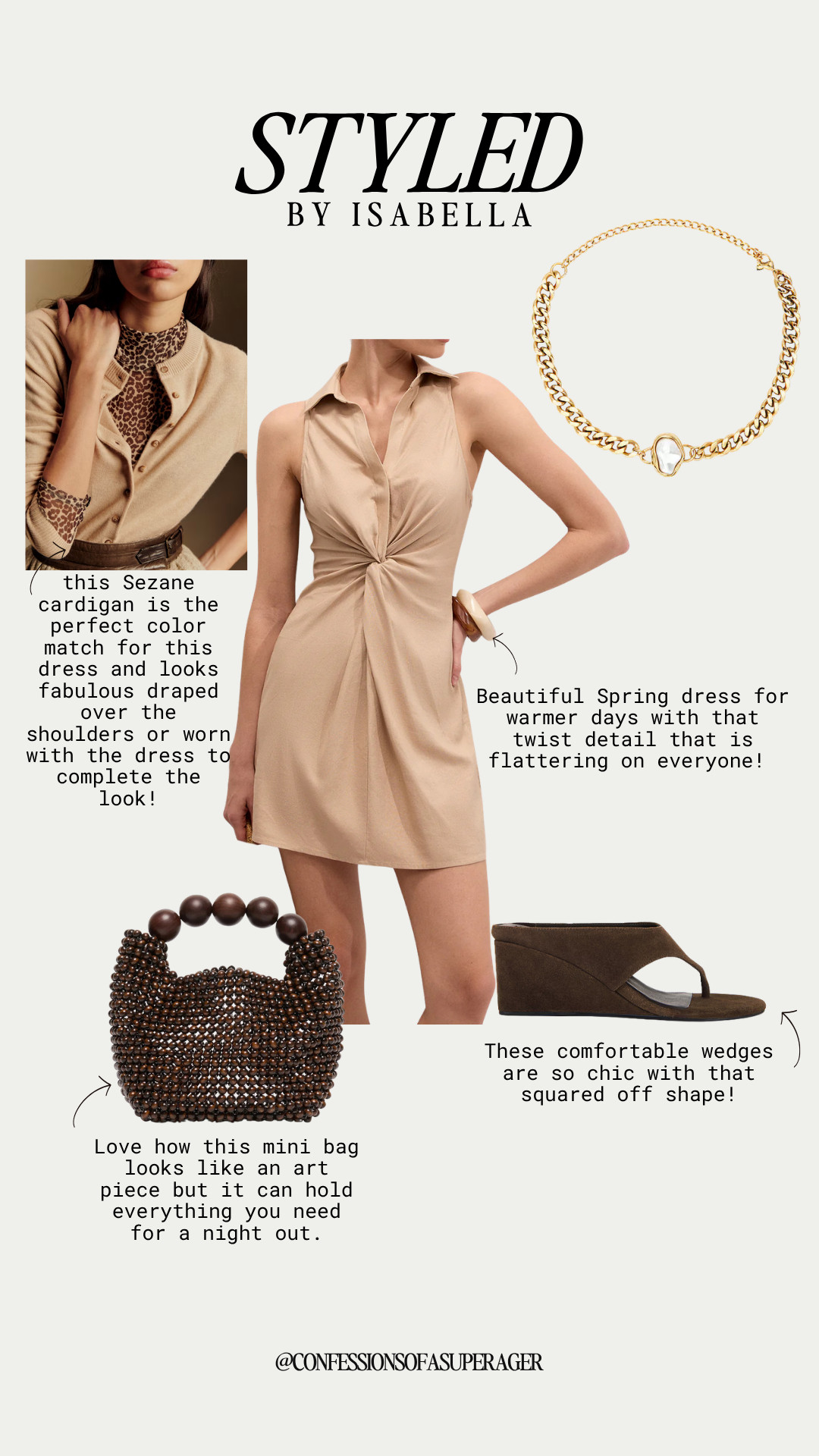 The ultimate chic spring outfit 🤎 This neutral-toned look features a flattering twist-front mini dress, a classic Sézane cardigan, statement mini bag, and comfortable wedge sandals—perfect for effortless day-to-night styling. Timeless, feminine, and easy to wear, these elevated wardrobe staples are ideal for spring outfits, date nights, and everyday polished style. Tap to shop this look and upgrade your closet with pieces you’ll wear on repeat! 

 

#LTKootd #LTKOver40 #LTKSaleAlert