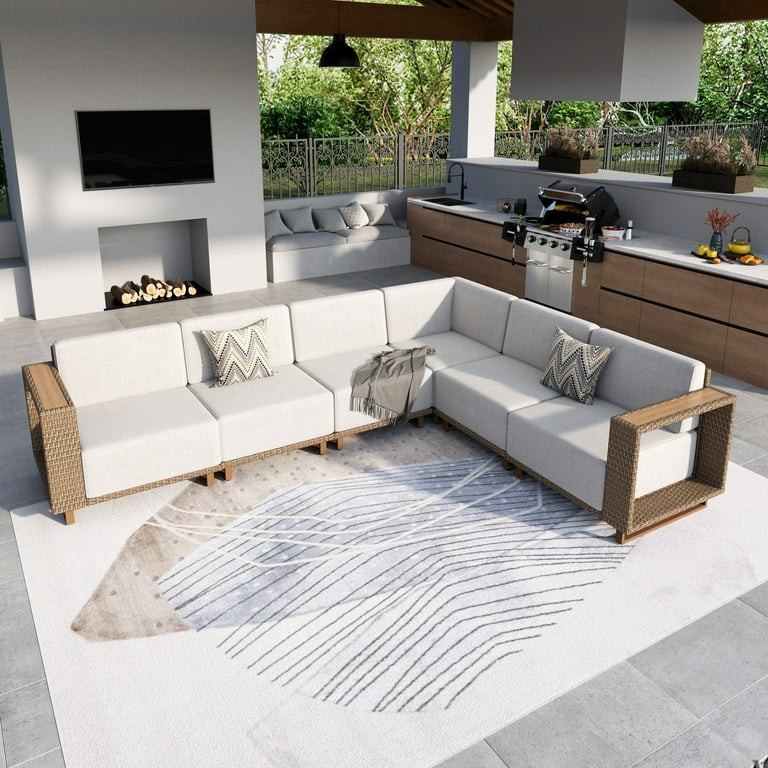 MF Studio 6-Piece Wicker Patio Furniture Set, L Shaped Outdoor Sectional Sofa for Porch, Beige | Walmart (US)