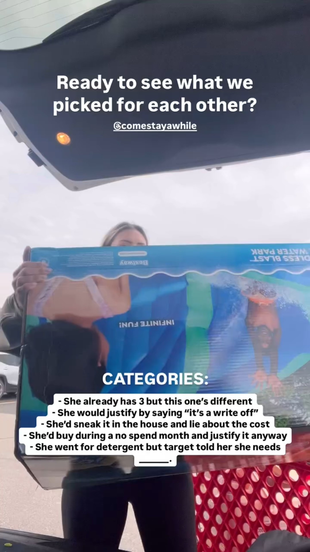 Ready to see what we picked for each other? @comestayawhile - She already has 3 but this one’s different
- She would justify by saying “it’s a write off”
- She’d sneak it in the house and lie about the cost
- She’d buy during a no spend month and justify it anyway
- She went for detergent but target told her she needs ________. CATEGORIES: