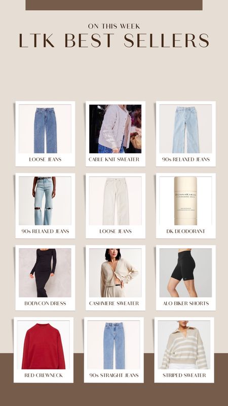 LTK Best Sellers from this past week!! Loose jeans, Abercrombie jeans, Abercrombie style, abercrombie denim, cable knit sweater, relaxed jeans, 90s relaxed jeans, beige jeans, donna Karen deodorant, body con dress, cashmere sweater, cashmere cardigan, alo biker shorts, black biker shorts, red crewneck, red sweatshirt, 90s straight jeans, striped sweater