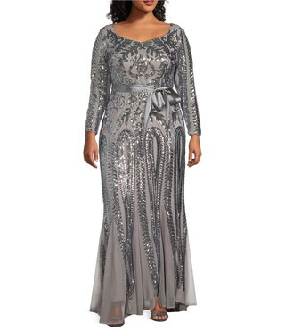 Plus Size Sequin Embroidered Mesh Sweetheart Long Sleeve Godet Inset Detail Gown | Dillards