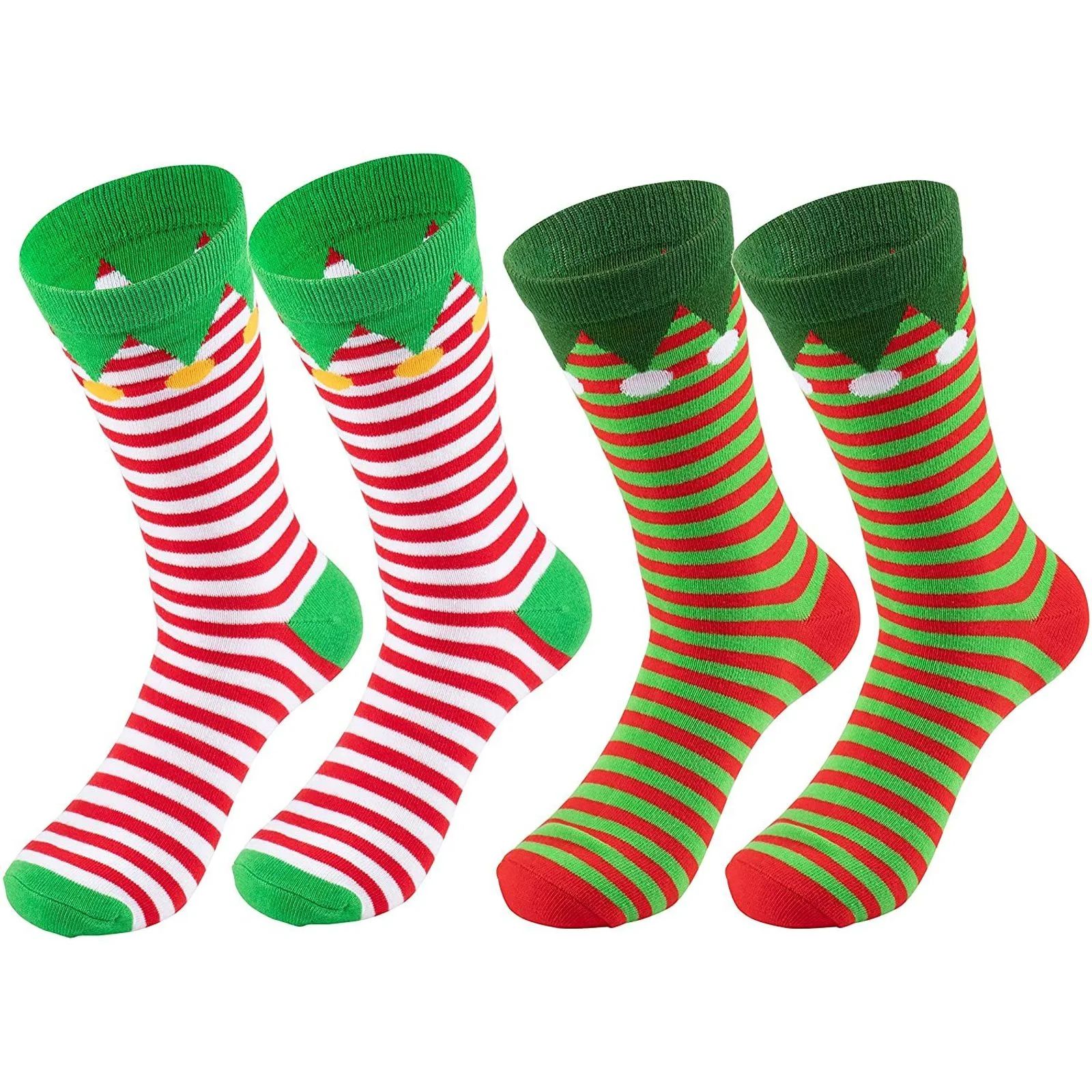 2 Pairs Christmas Elf Striped Crew Socks for Adult Women, Xmas Holiday Party Novelty Gifts, Unise... | Walmart (US)