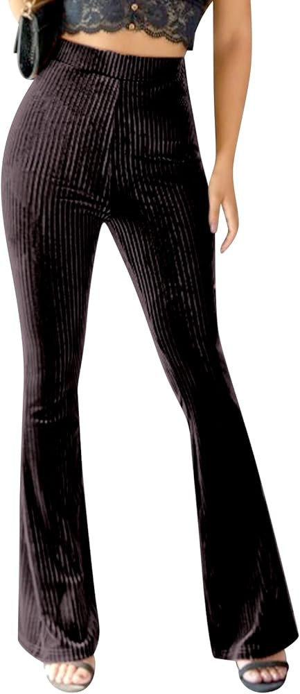 ODIZLI Women Velvet High Waisted Wide Leg Palazzo Flare Pants Solid Long Trousers | Amazon (US)