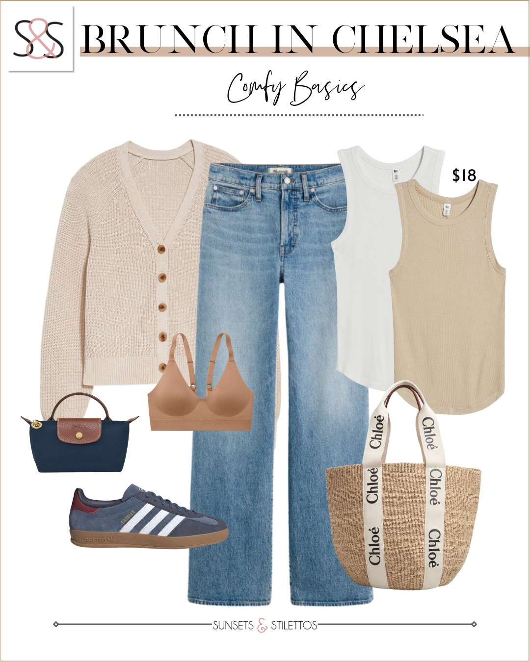 Comfy basics for spring brunch in Chelsea. Start with a neutral cardigan over a ribbed tank, paired with straight leg jeans and classic Adidas sneakers. Layer with a seamless bra for comfort and choose between a sporty Longchamp mini or the iconic Chloé straw tote.

Sunsets and Stilettos spring outfit ideas 2025, Chelsea NYC outfit, Adidas Gazelle sneakers outfit, 

#LTKWorkwear #LTKFindsUnder50 #LTKOver40
