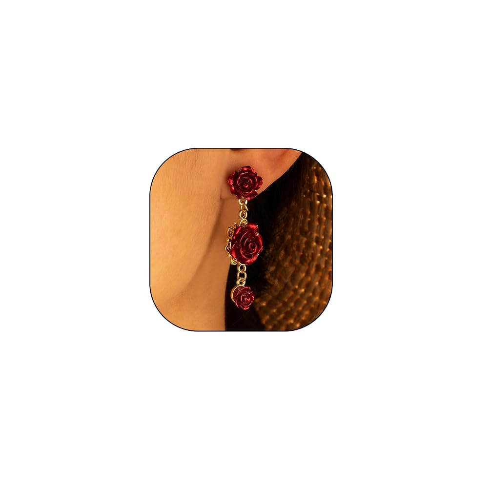 Vintage Red Rose Flowers Drop Dangle Earrings for Women, Large White Floral Statement Earrings Pe... | Amazon (US)