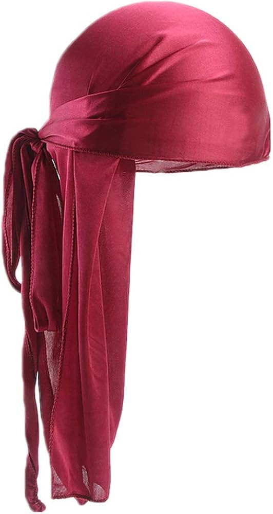 Men Women Durag Extra Long-Tail Headwraps Silky Satin Pirate Cap Bandana Hat for 360 Waves Wine | Amazon (US)