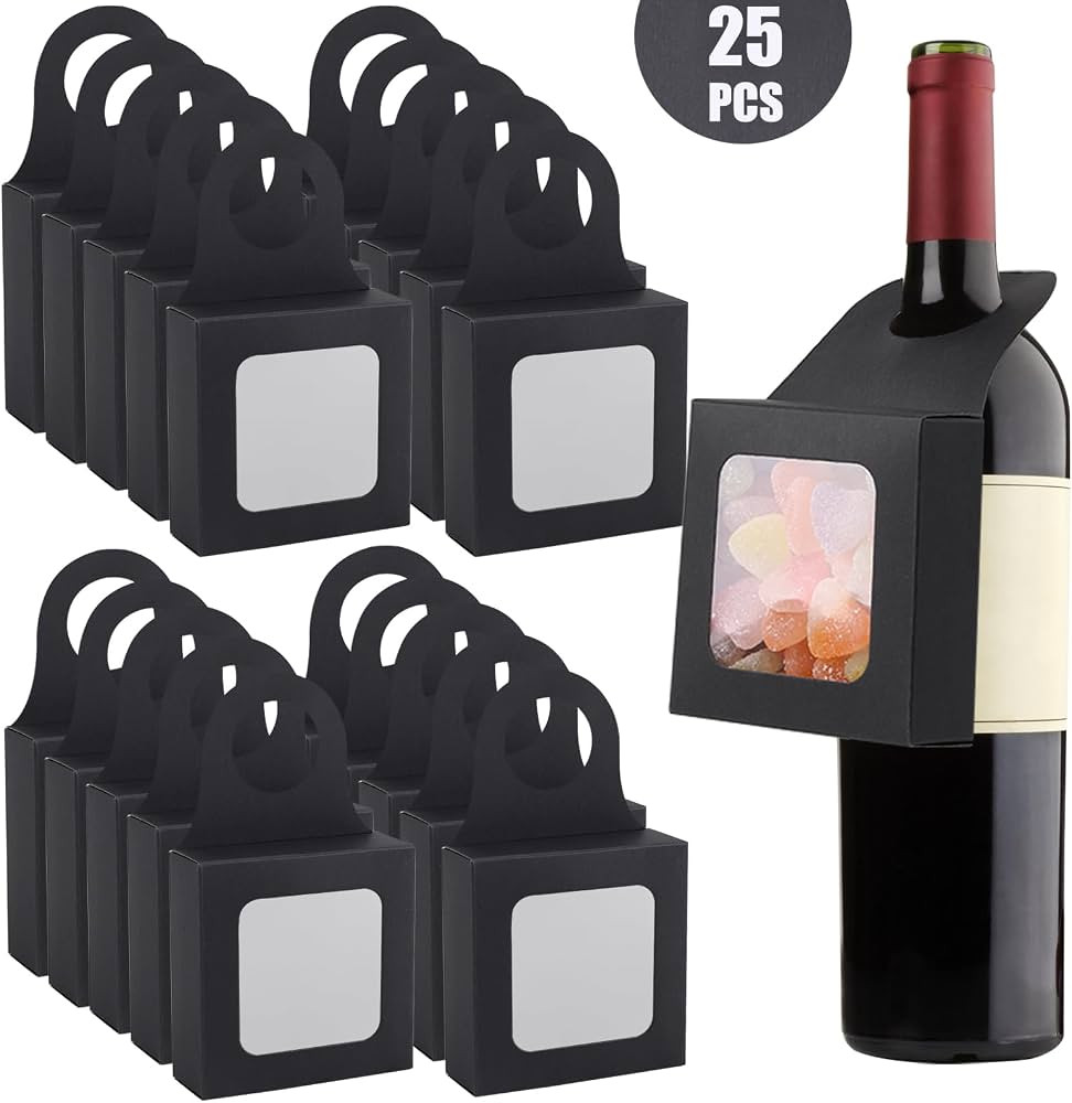 DIYDEC 25pcs Kraft Paper Wine Bottle Box with Window Foldable Black Wine Candy Boxes for Christma... | Amazon (US)
