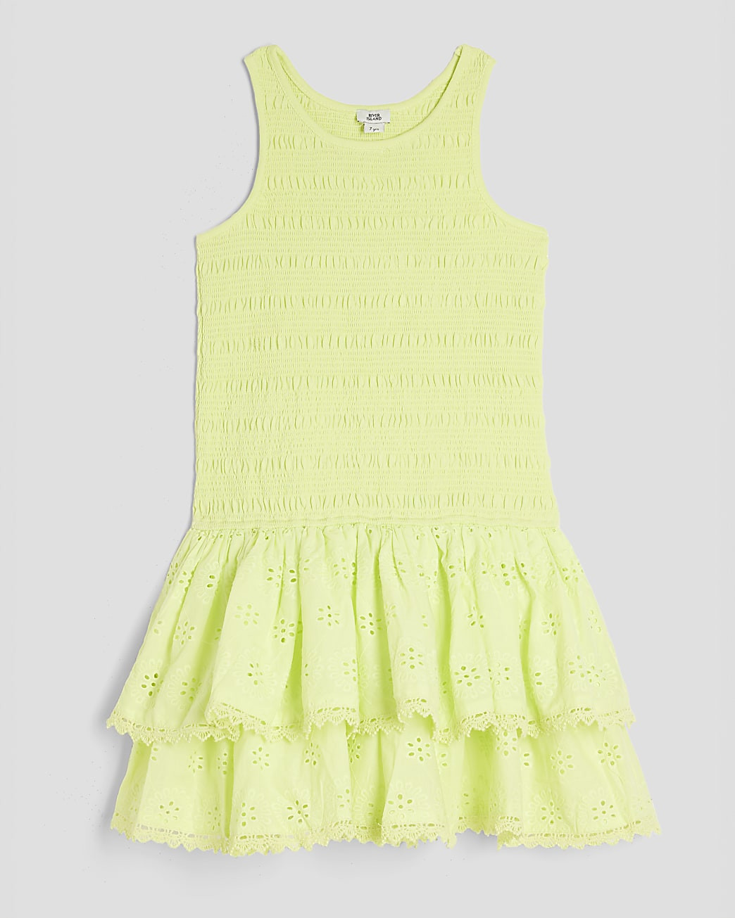 Girls Green Shirred Broderie Rara Dress | River Island UK & IE