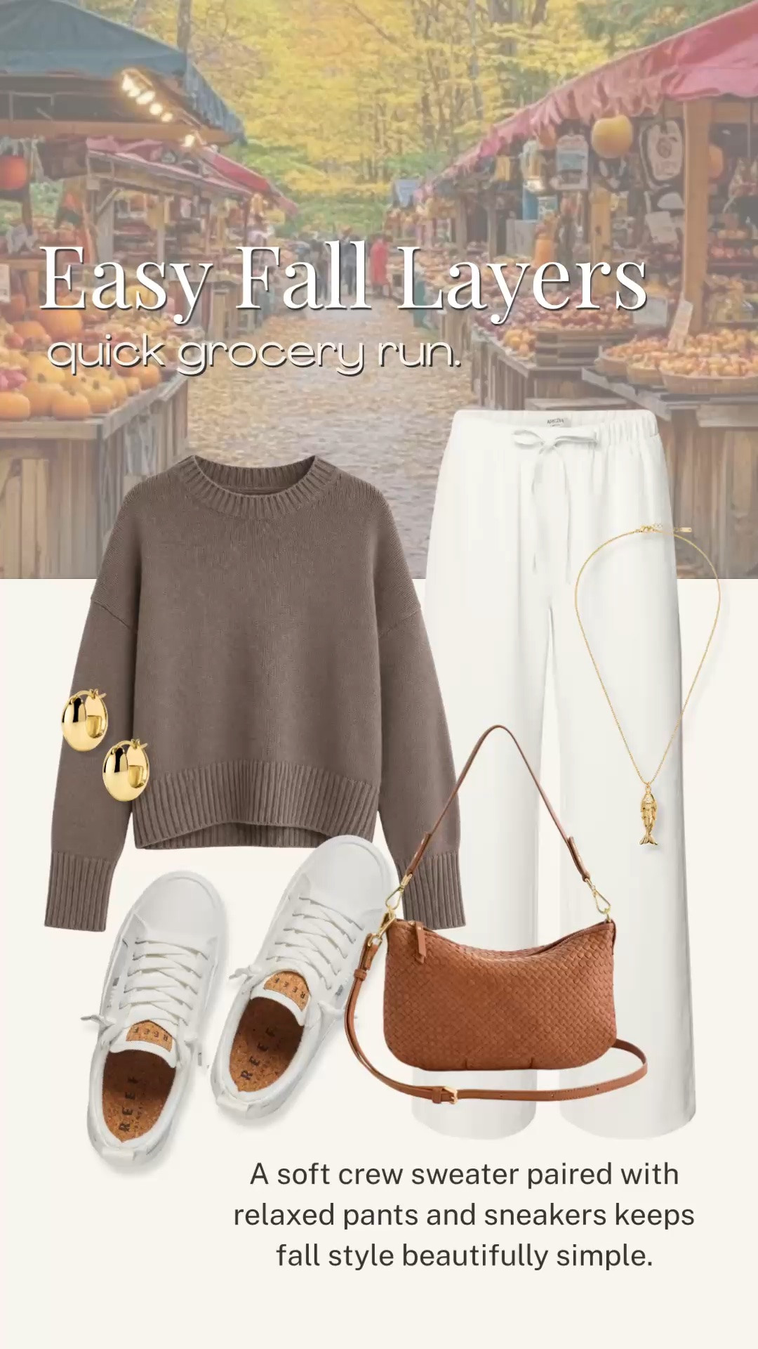 Easy fall dressing for a quick grocery run. A soft taupe crew sweater, relaxed white pants, and comfortable sneakers keep this look polished but practical, while the cognac woven bag adds just enough warmth. These are the kind of versatile pieces that make everyday dressing simple.

💡 LTK MADE EASY
❤️ Heart = Support my posts!
🔖 Save = Get sale & restock alerts
📋 Lists = Keep favorites organized
📲 Share = Send lists and products to a friend. Hello, Christmas List!
💬 Comment = Ask me anything about what I’m wearing.:-)

#LTKootd #LTKSeasonal #LTKOver40