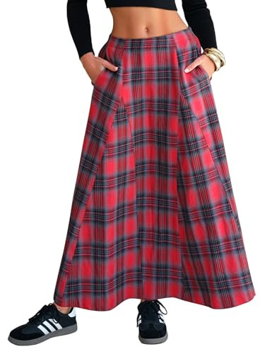 EXLURA Womens Flannel Plaid Long Skirts High Waist A Line Flared Pleated Maxi Skirt Dress Casual ... | Amazon (US)