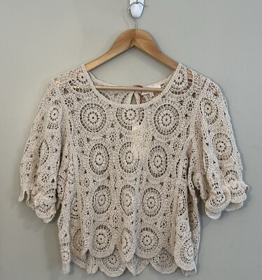 Crochet Short Sleeve Open Knit Top Women’s Sz Lg NWT Ecru | eBay US