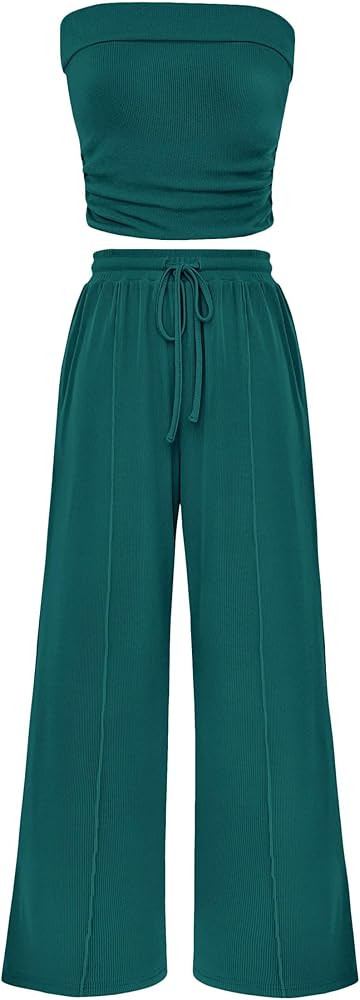 PRETTYGARDEN Womens Summer Outfits 2 Piece Sets Casual Ribbed Knit Crop Tube Top Wide Leg Pants S... | Amazon (US)