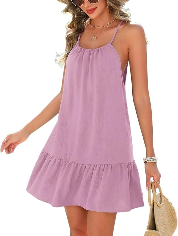 AI'MAGE Womens Swimsuit Cover Up Spaghetti Strap Backless Short Beach Bathing Suit Tank Dress wit... | Amazon (US)