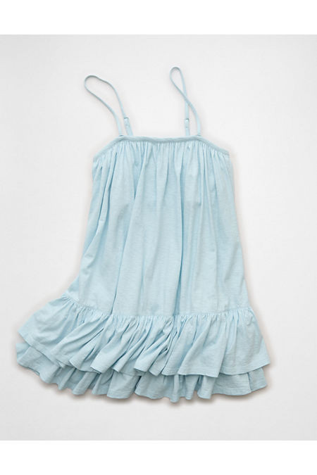 AE Sunchaser Knit Ruffled Mini Dress Women's Light Blue XXS | American Eagle Outfitters (US & CA)