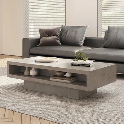 Japandi Rectangle Concrete Gray Coffee Table with 2 Drawers & Open Storage-Homary | Homary