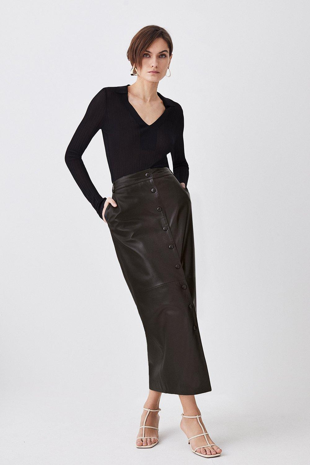 Leather Button Front Maxi Skirt | Karen Millen UK + IE + DE + NL